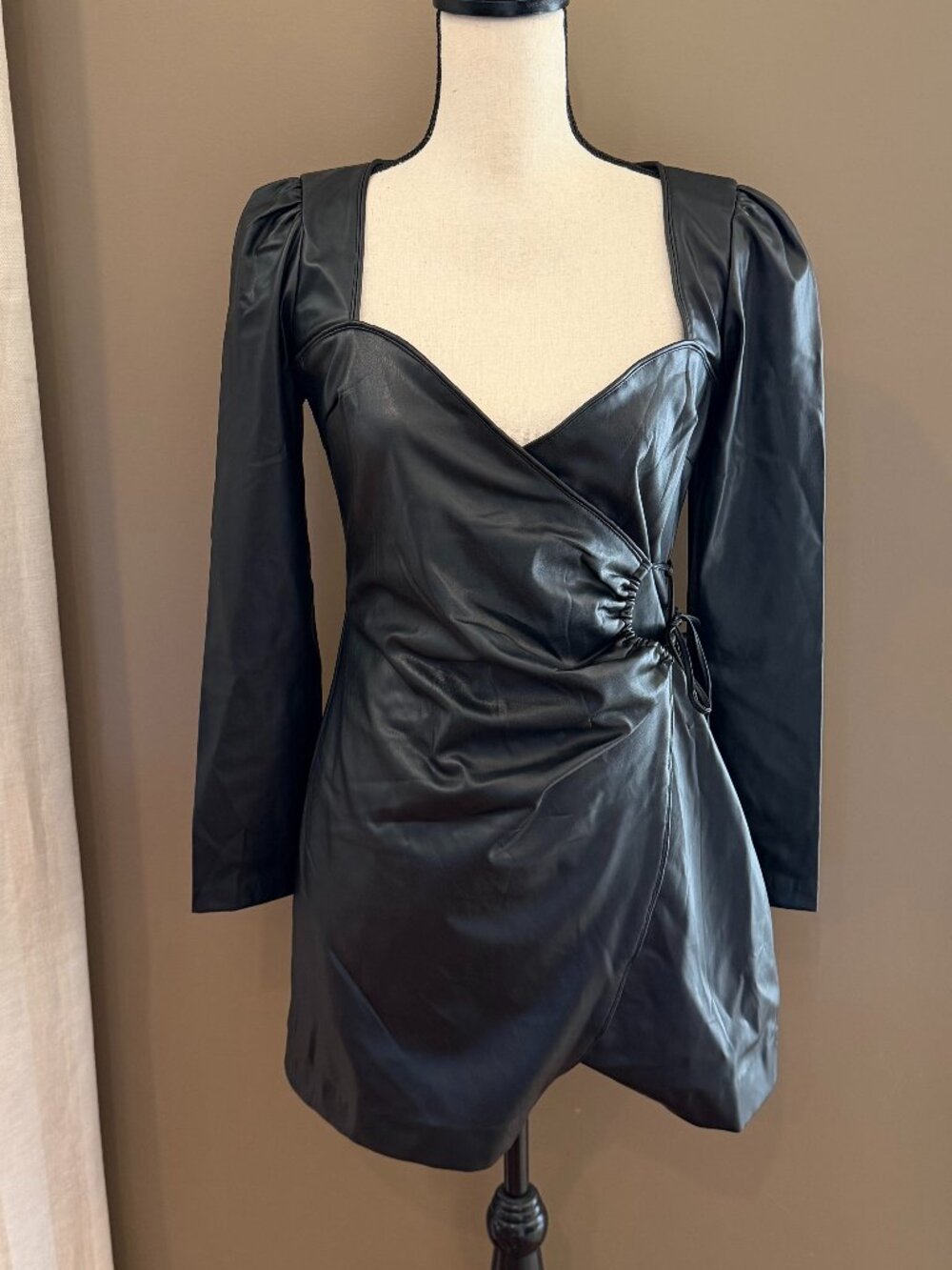 Zara Faux Leather Wrap Dress Stretchy Black Mini Party, Size Medium